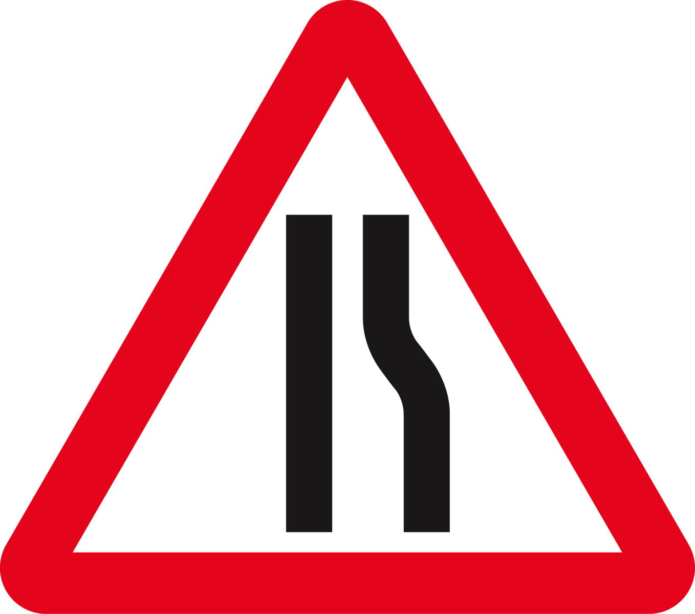 Road narrows on right (Left if symbol is reversed)